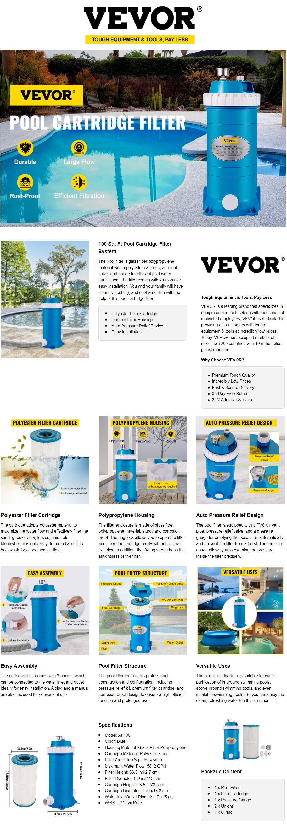 VEVOR Pool Cartridge Filter 8.8 in. Dia Replacement Filter Cartridge 100 sq. ft. Inground Pool